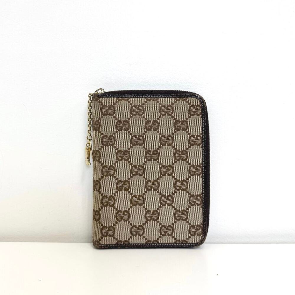 GUCCI GG Logo Zip Around Agenda Wallet Brown Leather Logo Canvas Wallet Tan